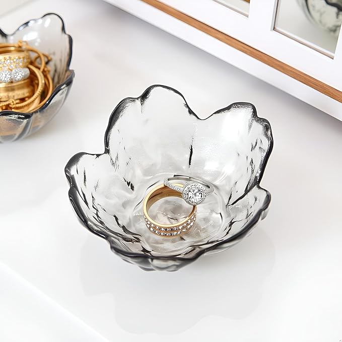 Crystal Black Flower Ring Dish Jewelry Tray, Decorative Glass Trinket Dish, Modern Accent Tray for Vanity
