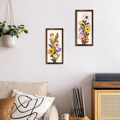 Kas Home 3D Floral Wall Art, 2 Set Rustic Wood Boho Flower with Vase Framed Wall Decor for Bathroom Living Room Bedroom Office Housewarming Gift, Ready To Hang Plaque Sculptures (White-A, 6L" x 12W", Framed)