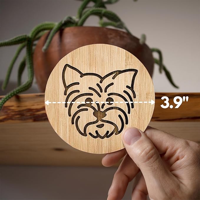 Set of 6 Bamboo Laser-Engraved Fun Dog Coasters with Iron Holder - Gift Packaging 3.9 Inch Non-Stick Absorbent Durable and Unbreakable Wooden Cup Coasters for Dog Lovers (Yorkie)