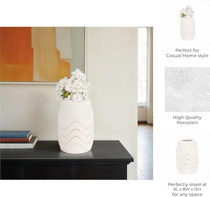 Ceramic Vase for Office and Room Decor – 3D Printed Ribbed Elegant Flower Vase for Bedroom, Table, and House Setting – Minimalist Accent for Home and Living Room Decor – 12” Ivory