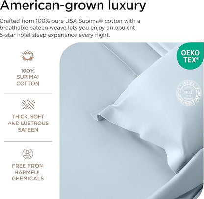 Threadmill Supima Cotton Queen Sheet Set, 1200 Thread Count for Queen Mattresses, 4 Piece American Luxury Bed Sheets, Sateen Hotel Quality Sheets with Elasticized Deep Pocket, Light Blue