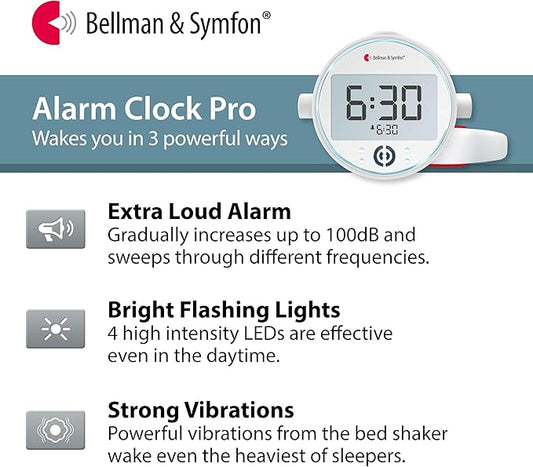 Bellman & Symfon Vibrating Alarm Clock Pro with Bed Shaker - Loud Alarm, Flashing LED Night Lights for Heavy Sleepers, Hard of Hearing and Deaf People - Alarm Clocks for Bedrooms with Backup Batteries