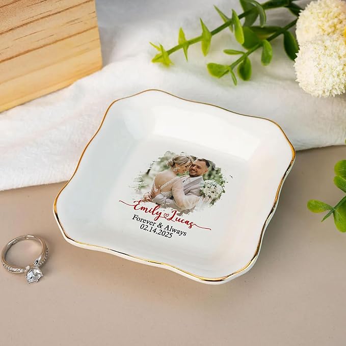 Personalized Photo Wedding Ring Dish Gifts for Couples, Married Jewelry Tray Ring Holder, Wedding Gifts for Women Newlywed Future Bride To be, Anniversary Engaged Gift for Mr Mrs Wife Husband