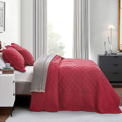CHIXIN Oversized Cotton Bedspread King Size - Real Stitching - Luxury Quilted Bedding Cover for All Season, Reversible, Ultra Soft, Lightweight, 3 Piece, Burgundy