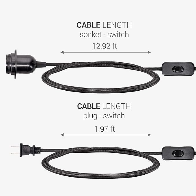 kwmobile Plug-in Light Cord - 15ft Long Fabric Pendant Lamp Cable with Plug, E26 Socket - for Hanging DIY Ceiling Lighting - Black
