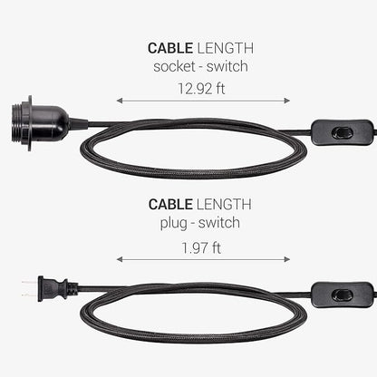 kwmobile Plug-in Light Cord - 15ft Long Fabric Pendant Lamp Cable with Plug, E26 Socket - for Hanging DIY Ceiling Lighting - Black