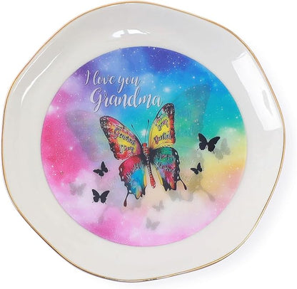 HOME SMILE I Love You Grandma Jewelry Ring Dish Tray with Dynamic Butterfly Pattern Shifts for Grandmother,Unique Mother's Day Gifts for Nana