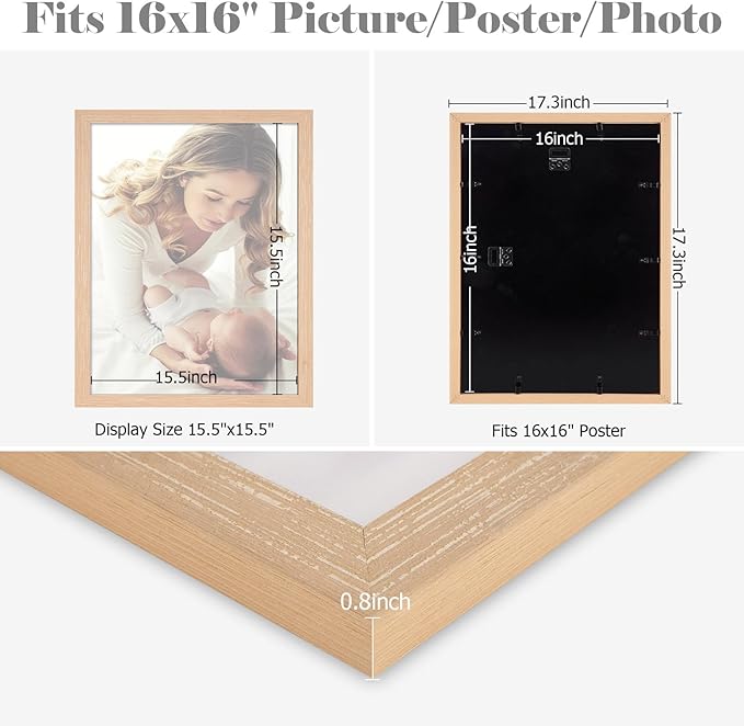 16x16 Frame Natural Woodgrain,Rustic 16x16 Picture Frame Beige, Art Pic Hanging Poster Frame, 16 by 16 Gallery Family Concert Portrait Photo Frame Anniversary/Birthday/Wedding/Thank you/Christmas Gift