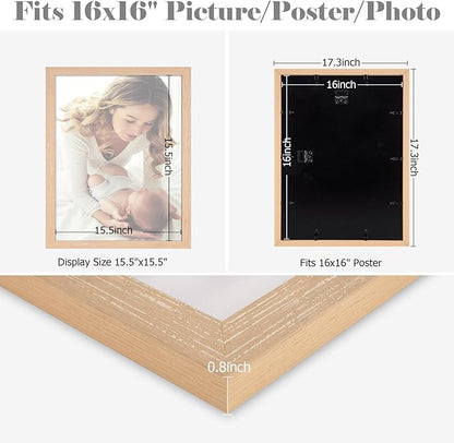 16x16 Frame Natural Woodgrain,Rustic 16x16 Picture Frame Beige, Art Pic Hanging Poster Frame, 16 by 16 Gallery Family Concert Portrait Photo Frame Anniversary/Birthday/Wedding/Thank you/Christmas Gift
