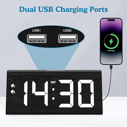 Wooden Digital Alarm Clock with Dual USB Charging Ports, DST, Dimmable, Snooze, Modern Large Time Display LED Clock for Kids Bedrooms, Living Room, Desk, Table, Bedside, Nightstand (Black)