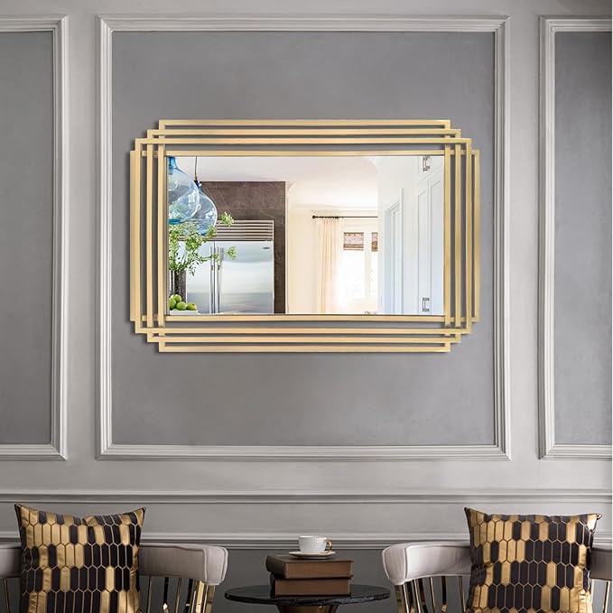 Gold Rectangle Mirror, 24"x36" Geometric Art Deco Mirror with Metal Frame, Modern Elegant Wall Mirrors for Living Room Bathroom Vanity Bedroom Entryway, Hangs Vertically or Horizontally
