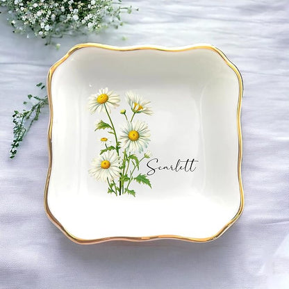 Personalized Birth Flower Ring Dish, Custom Floral Name Jewelry Dish, Trinket Tray for Women Bridesmaid Friends Sisters Fiance Bestie Gift For Birthday, Wedding, Engagement