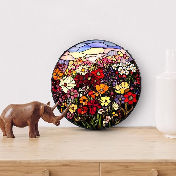 Flowerbed Stained Glass Window Hanging, 7.8" Round Sun Catcher Hand Painted Wall Art Decor with Chain, Unique Housewarming Gifts for Couples, Home