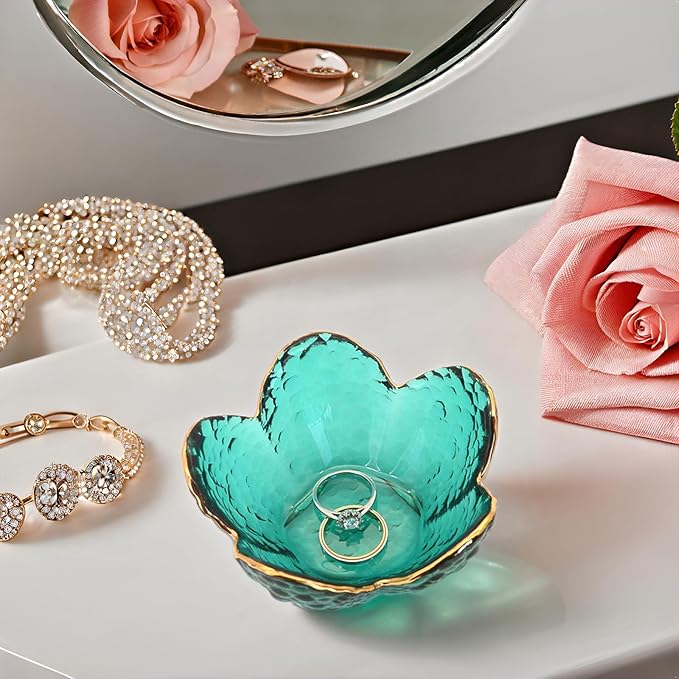 Green Flower Ring Dish Jewelry Tray, Small Glass Trinket Tray for Rings Earrings, Present for Wife Mom Daughter Women