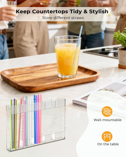 Straw Holder, Straws Organizer, Kitchen Counterware Storage Rack, Features Strong Adhesive Double-Sided Tape, Suitable for Countertops and Cabinets (Transparent)