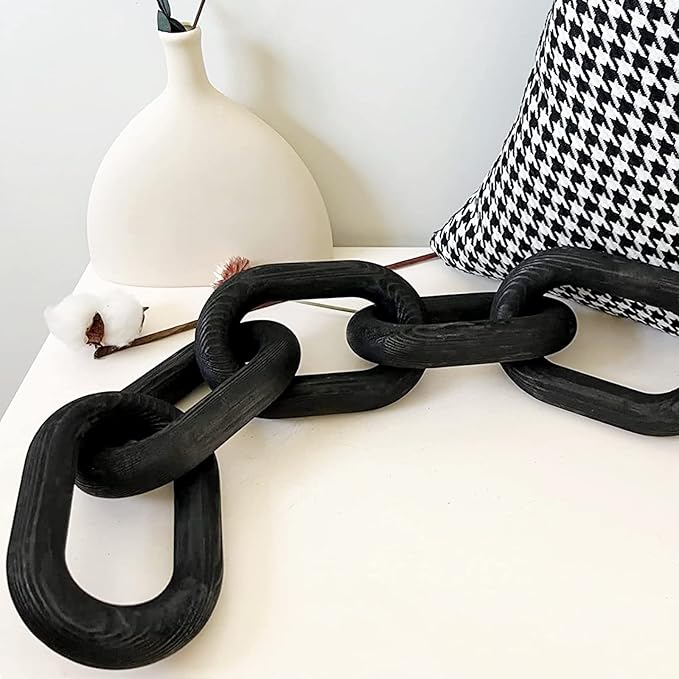 Decor Wood Knot, Home Shelf Decor, Wood Chain 3 Link Decor, Hand Carved Home Decorations for Living Room, Farmhouse Coffee Table Decor (5-Ring Black)