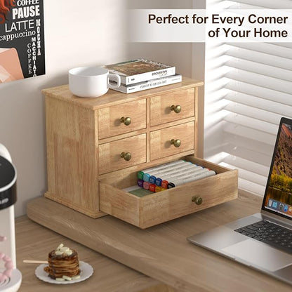 Oak Desk Organizer with Drawers, Wooden Desktop Storage Box with Metal Handles & Non-Slip Silicone Pads, 5 Drawer Tabletop Organizer for Office, Bedroom, Bathroom, Vanity, Makeup – Light Burnt Brown