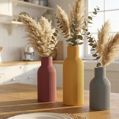 Ceramic Vase Set of 3, Modern Ribbed Boho Vases for Home Decor, Assorted Sizes Decorative Flower Vases for Pampas Grass, Dried Flowers,Shelf, Table Centerpiece