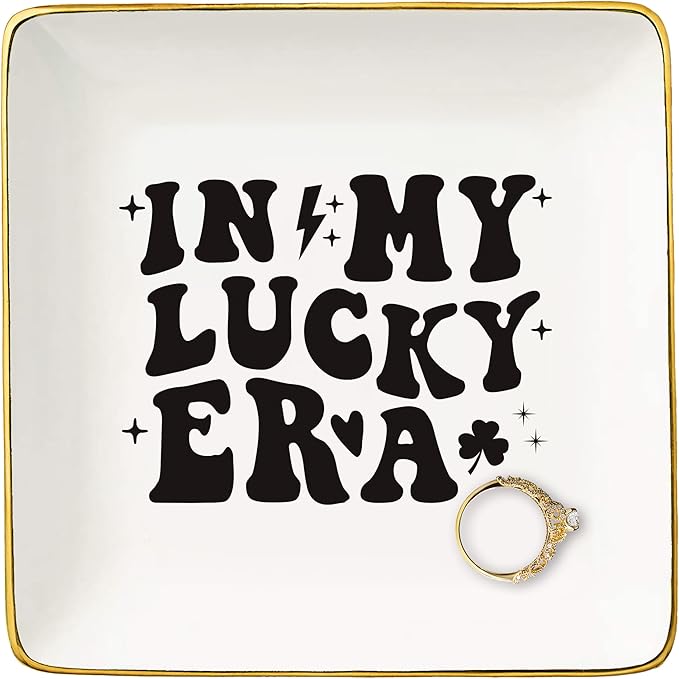 NZY Birthday Christmas Gifts for Best Friend,Sister,Bestie,Shamrock Lucky Charm Gifts-Pride Shamrock-St. Patricks Day Presents-Ceramic Jewelry Tray Trinket Holder Ring Dish-In My Lucky Era