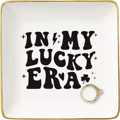 NZY Birthday Christmas Gifts for Best Friend,Sister,Bestie,Shamrock Lucky Charm Gifts-Pride Shamrock-St. Patricks Day Presents-Ceramic Jewelry Tray Trinket Holder Ring Dish-In My Lucky Era