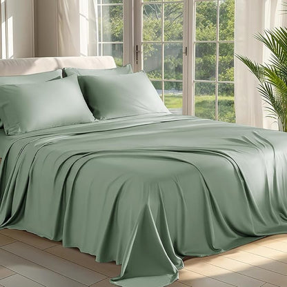 Shilucheng 100% Viscose Derived from Bamboo_ Sheets Queen Size 6pcs - Ultra Cooling & Silky Soft Bed Sheets, 16" Deep Pocket, Perfect for Hot Sleepers, Hotel Bedding Sheets (Sea Glass)
