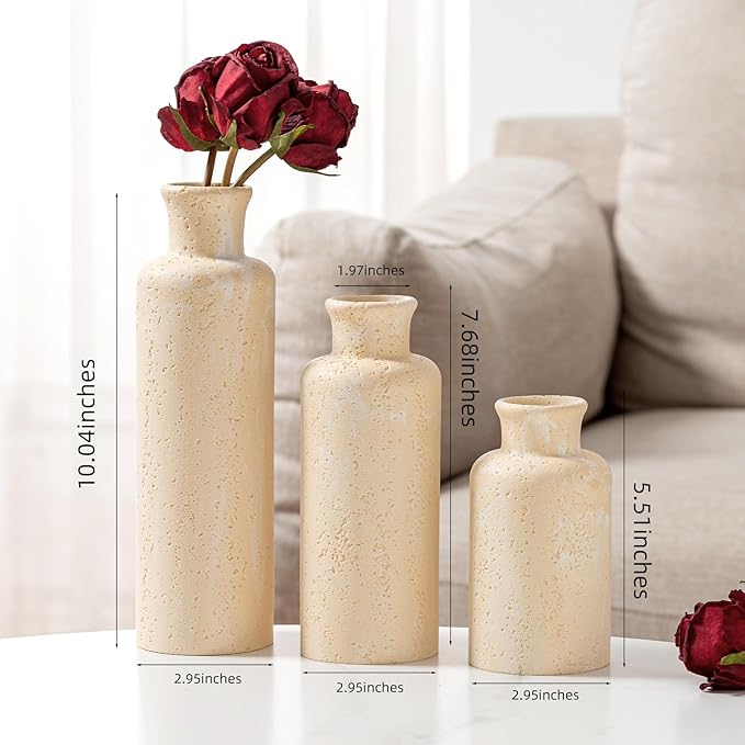 Flower Vase Set, Stone Look, 3 PCS Small Decorative Bud Vases for Pampas Grass, Farmhouse Decor, Kitchen, Living Room, Bathroom, Bedroom, Office, Shelf Centerpiece Table Decoration (Yellow)