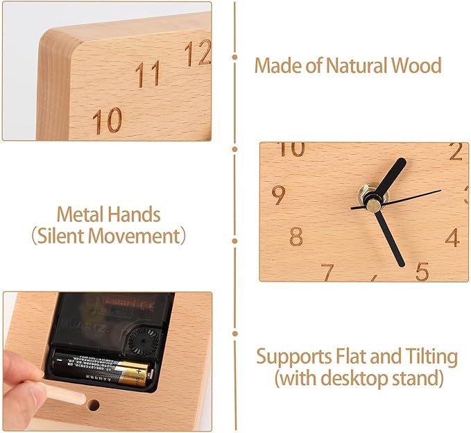 Wooden Desk Clock, 4 inch Small Analog Clock Desktop Decoration, Modern Desk and Shelf Clock, Silent Non-Ticking Battery Operated Table Clock, Mantel Clock for Office, Living Room, Bedroom