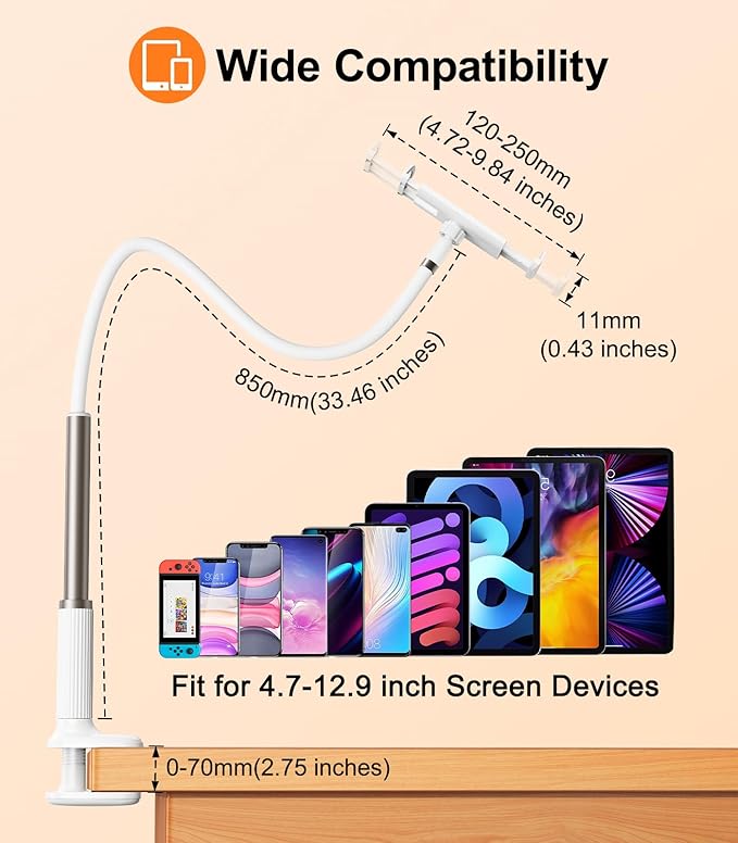 Gooseneck Tablet Holder for Bed, Flexible Long Arm Tablet Mount Stand for Reading in Bed, Compatible with iPad Mini Pro Air Phone Switch Samsung Galaxy Tabs Kindle Fire, More 4.7-12.9" Devices