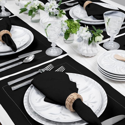 Solino Home Linen Placemats Set of 4 - Classic Hemstitch Black Placemats 14 x 19 Inch - 100% Pure Linen Table Mats for Winter, Holiday, New Year