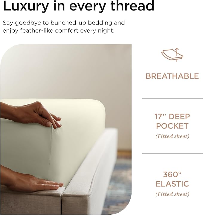Threadmill Luxury 100% Supima Cotton Sheets, Premium 1200 Thread Count Cotton Sheets for Queen Size Bed, 4 Pc Ivory Bed Sheets Queen Set, 5-Star Hotel Quality Elasticized Deep Pocket Bed Sheets Set