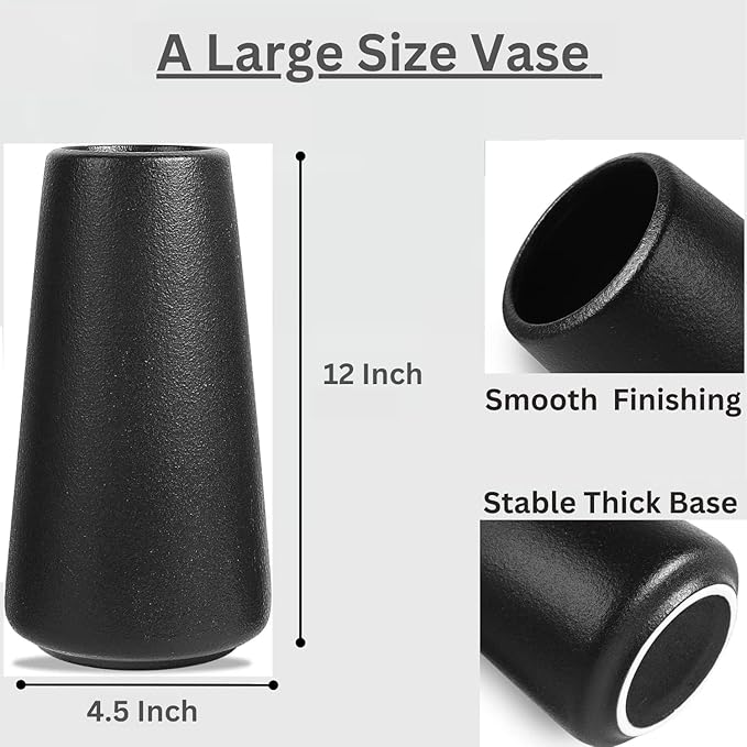 12 Inch Tall Premium Quality Ceramic Vase | Flower Vase for Home Decor | Farmhouse Decor, Desk Decor, Modern Decor, Aesthetic Room Decor, White Vase for Bohemian Decor, Pampas Vase, Black