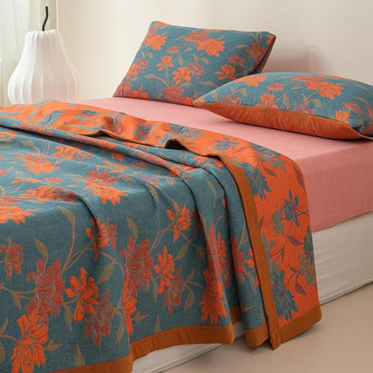 100% Cotton Muslin Blanket Jacquard Floral Flowers Bloosom Print Quilt, Soft Bed Cover 3 Layers Reversible Bedspread Coverlet Breathable Lightweight Bedding King(98"x94"), No Pillow Sham