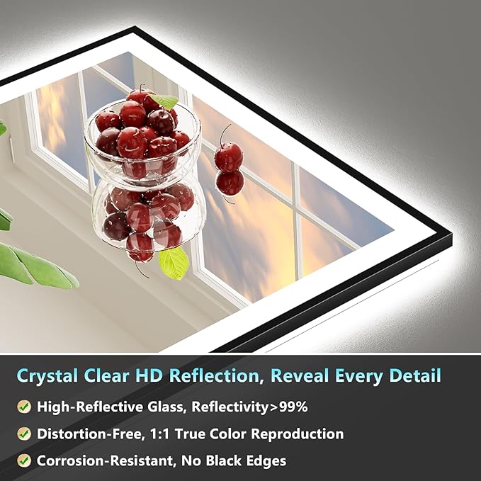 55x36 Black Framed LED Bathroom Mirror with Lights, Backlit & Front Lit, Anti-Fog Lighted Vanity Mirrors for Bathroom Wall, Dimmable, 3 Colors, Memory, Shatter-Proof, Tempered Glass, CRI＞90