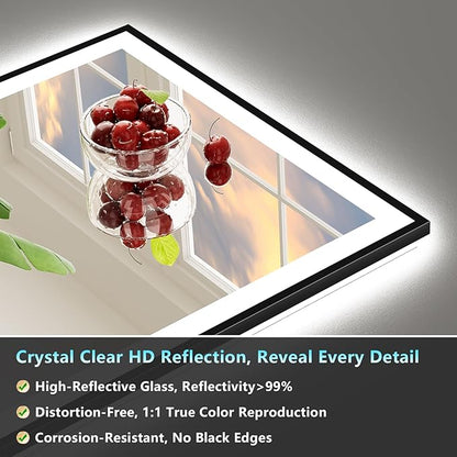 55x36 Black Framed LED Bathroom Mirror with Lights, Backlit & Front Lit, Anti-Fog Lighted Vanity Mirrors for Bathroom Wall, Dimmable, 3 Colors, Memory, Shatter-Proof, Tempered Glass, CRI＞90