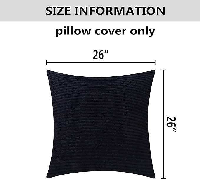 Home Brilliant Pillow Covers Super Soft Striped Corduroy Spring Fall Decorative Euro Sham for Couch, Set of 2, 26 x 26 inch, Black