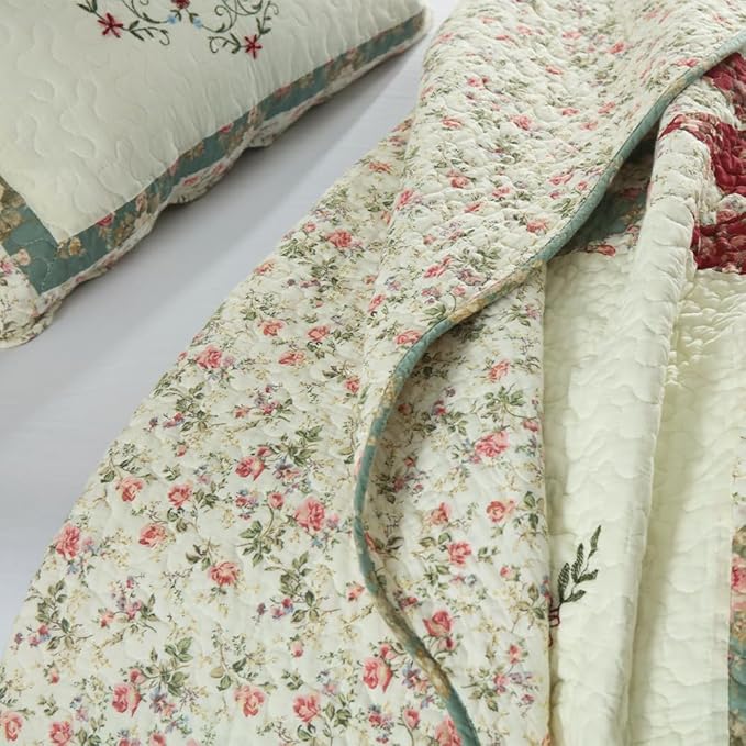 Cotton Bedspread Quilt Bedding Sets, 3 Pieces Reversible Coverlets Comforters Star with Green Floral Real Patchwork Bedspread, Queen Size