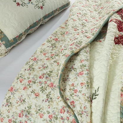 Cotton Bedspread Quilt Bedding Sets, 3 Pieces Reversible Coverlets Comforters Star with Green Floral Real Patchwork Bedspread, Queen Size