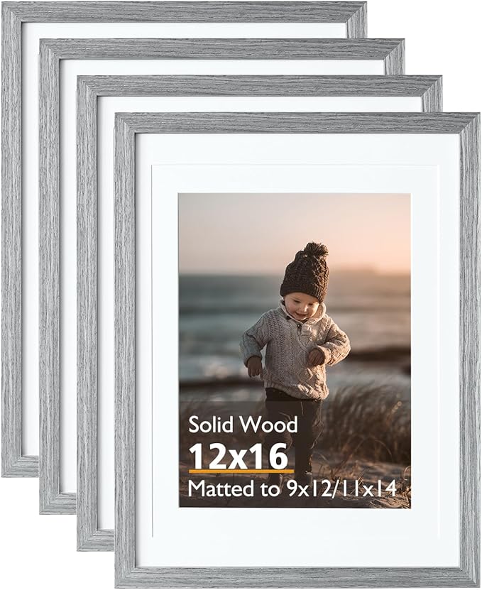 KINLINK 12x16 Picture Frame Grey, Solid Wood Frames with Acrylic Plexiglass for Pictures 11x14/9x12 with Mat or 12x16 without Mat,Wall Display Photo Frame, Set of 4