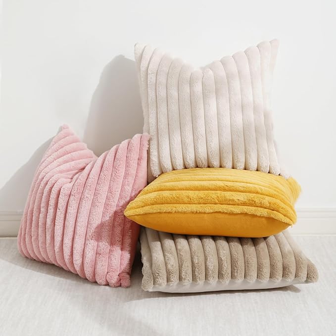 decorUhome Faux Fur Spring Throw Pillow Covers 20x20 Set of 2, Decorative Soft Plush Striped Neutral Couch Pillow Covers with Velvet Back for Sofa, Bed, Living Room Home, Beige