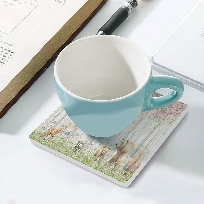 Forest Drink Coasters, Square Ceramic Drink Coaster Square-6PCS, Cartoon Nature Forest Flower Animal Bear, Deer, Fox, Rabbit Decor Absorbent Ceramic Coasters for Beverage Cup, Bar, Coffee Table