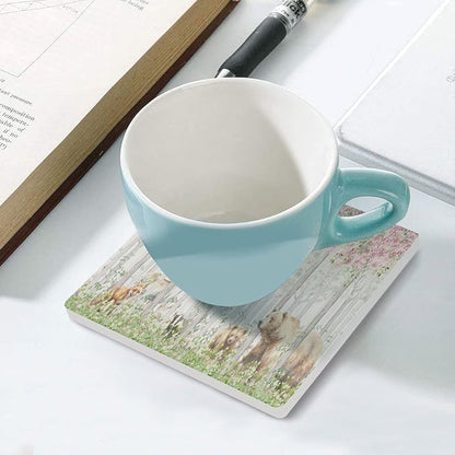 Forest Drink Coasters, Square Ceramic Drink Coaster Square-6PCS, Cartoon Nature Forest Flower Animal Bear, Deer, Fox, Rabbit Decor Absorbent Ceramic Coasters for Beverage Cup, Bar, Coffee Table