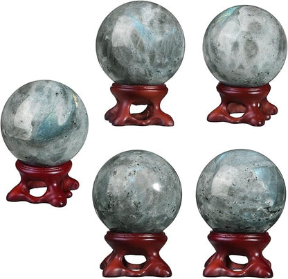 SUNYIK Natural Labradorite Ball Sphere with Resin Stand Polished Crystal Sphere Stone Figurine Decor for Home Office Tabletop, 1.6-1.9"(41-50mm)