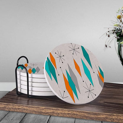 HUXJOKO Coasters for Drinks Set of 6,Mid Century Modern Diamonds Teal Absorbent Ceramic Coaster,Round Stone Mat,with Cork Base and Metal Holder for Coffee Table Room Bar Home Decor Housewarming Gifts