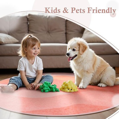 Pink Round Rugs, 4Ft Soft Nursery Rug Non Slip Washable Circle Rug, Modern Mountain Playroom Mat Sunrise Sunset Round Carpet for Kids Room Entryway Bedroom Living Room Dorm