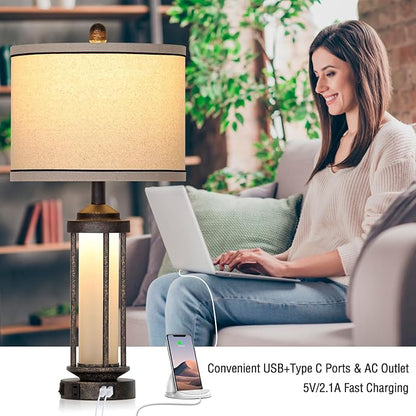 Farmhouse Table Lamp, 27" Vintage Rustic Retro Beside Lamp with USB A+C Charging Ports & AC Outlet, Industrial Modern Lamp with Glass LED Night Light for Living Room Bedrooms Nightstand 1 Pack