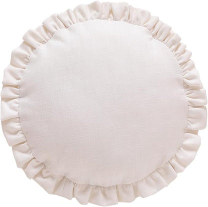 ISAENNE Classic White Round Throw Pillow Cover Diameter 16", Solid Color Cottage Linen Cotton Decoration Pillow Cover with Ruffles, Sturdy Throw Pillow Case for Couch Sofa Bed Living Room