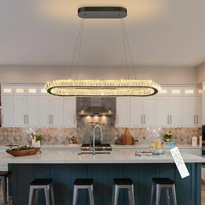 LED Ring Chandelier Oval Rings Pendant Lights for Dining Table Kitchen Island Remote Dimmable Hanging Light Chandeliers for Entryway Living Room Crystal Lighting Black