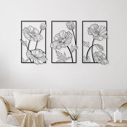 Therwen 3 Pcs Black Metal Wall Art Minimalist Wall Decor for Bedroom Flowers Decor Hanging Flower Bathroom Art Flower Line Sculpture Kitchen Decoration 16.5 x 9.8 Inch