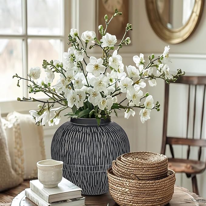 9" Large Ceramic Vase with Wide Mouth, Rustic Vase for Entryway, Living Room & Abundant Blooms Decor, Big & Round Design, Chunky & Dark Gray