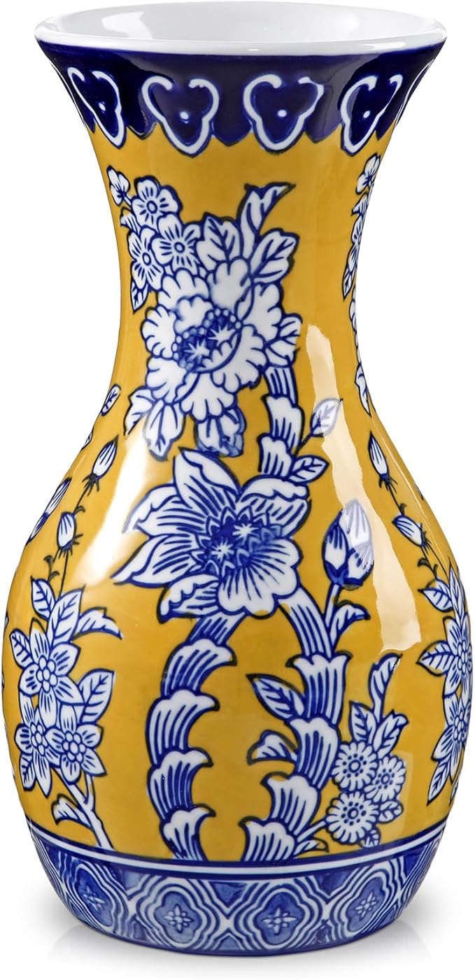 Blue and Yellow Ceramic Vase, 11" Tall Chinoiserie Vase in Wide Mouth, Royal-Inspired Vintage Flower Vases Decorative Vases for Home Decor, Table Centerpiece, Living Room, Dining Room, Entryways Decor